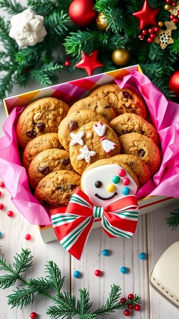 A decorated cookie box with a variety of homemade cookies including chocolate chip, oatmeal raisin, and sugar cookies, all presented in a colorful setting.
